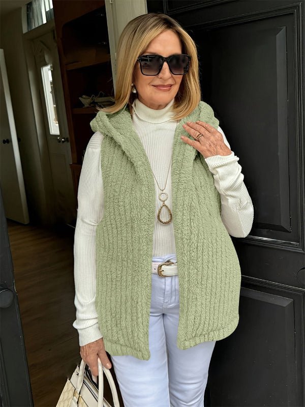 Womens Hooded Vest Fuzzy Plush Relaxed Fit Sleeveless Open Front - Nalani - UK Fashion Clothing and Decor