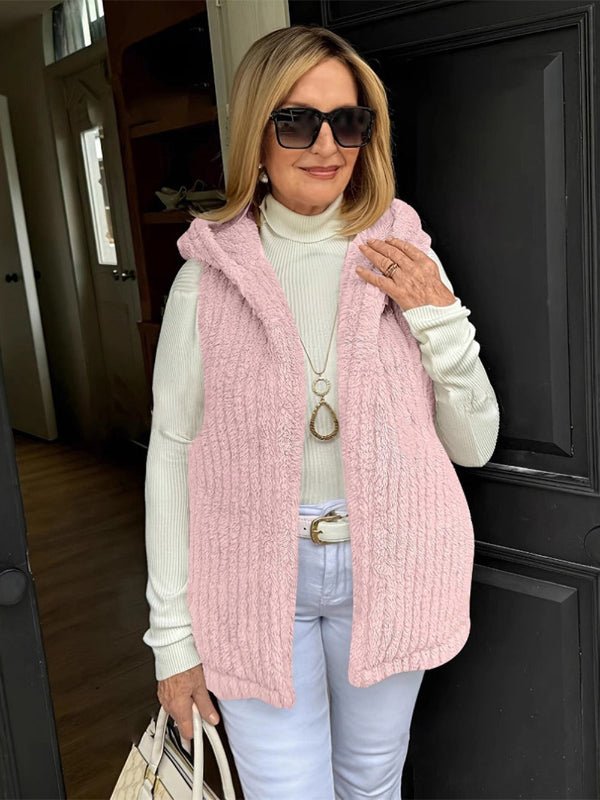 Womens Hooded Vest Fuzzy Plush Relaxed Fit Sleeveless Open Front - Nalani - UK Fashion Clothing and Decor