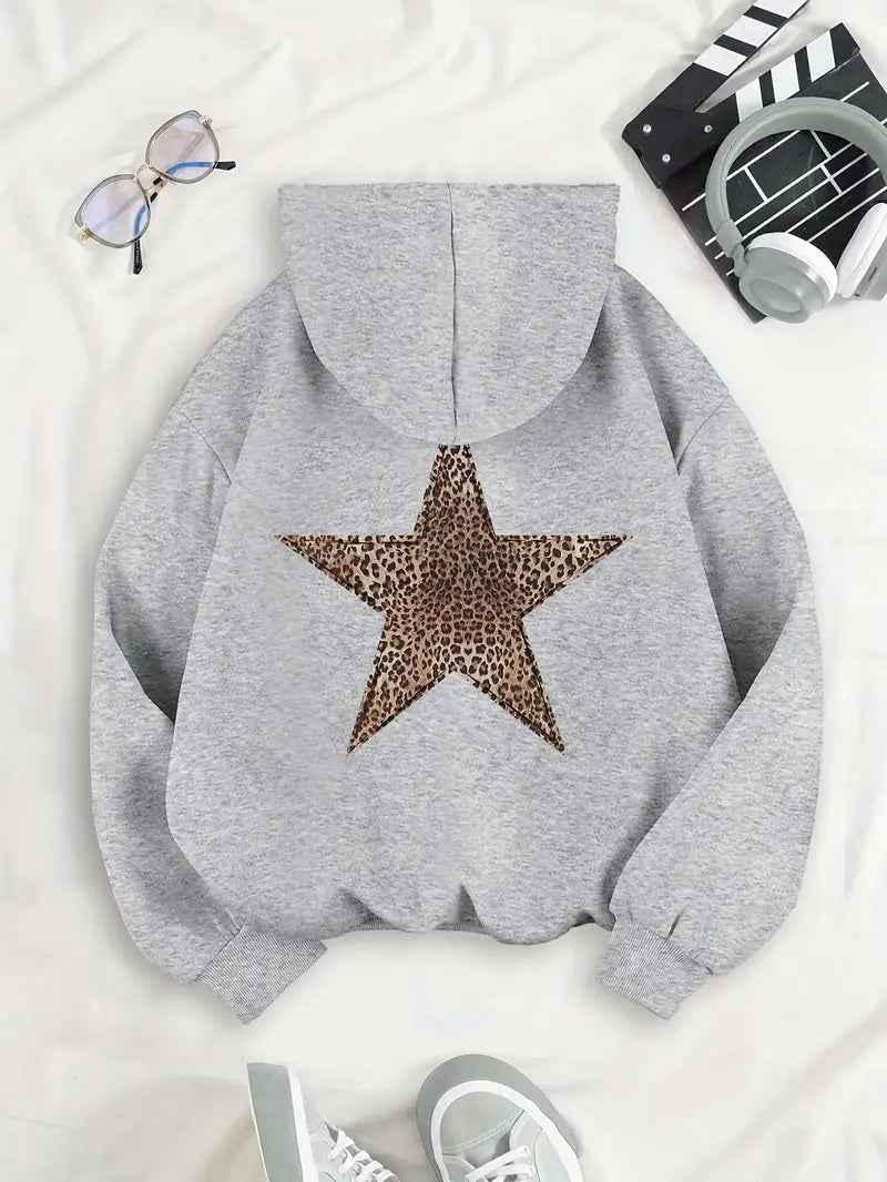 Women's Hoodie with Leopard Star Back Print – Casual Graphic Hooded Sweatshirt, Blue or Silver, S–XL – Flōre - Nalani - Fashion Clothing and Decor