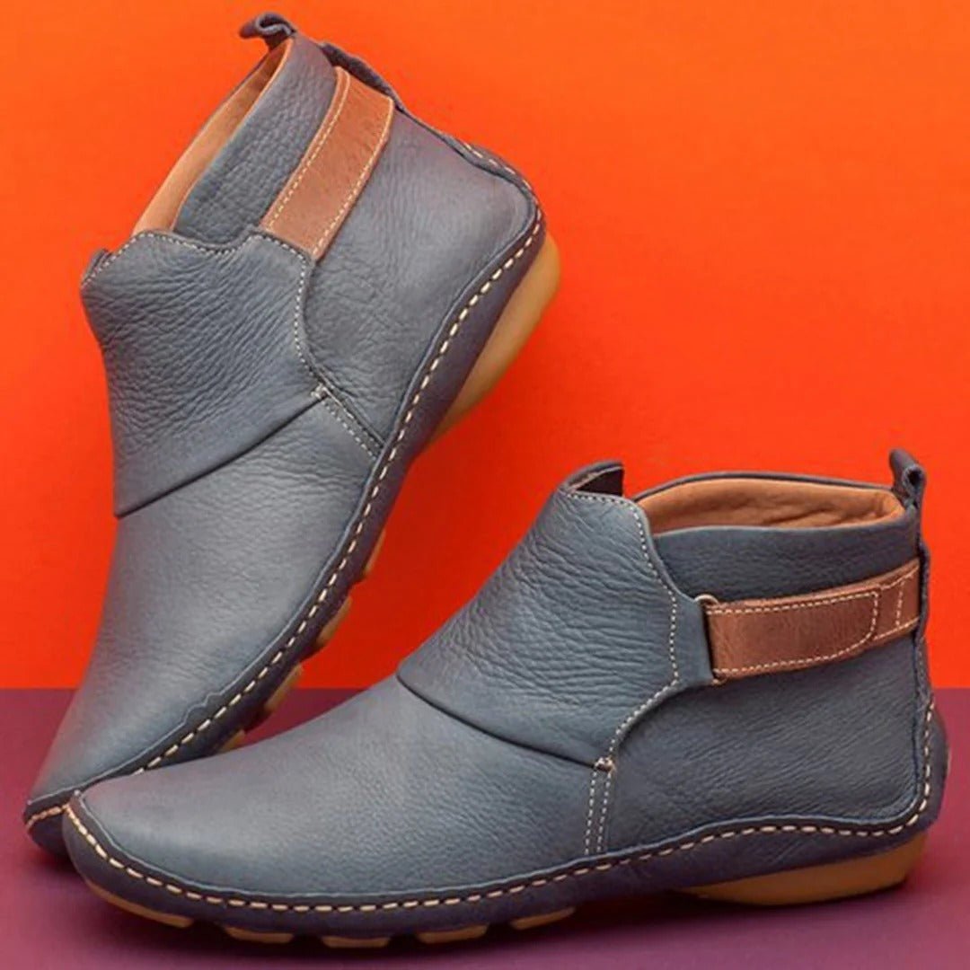 Womens Leather Ankle Boots With Strap Detail Rounded Toe And Rugged Sole - Nalani - UK Fashion Clothing and Decor