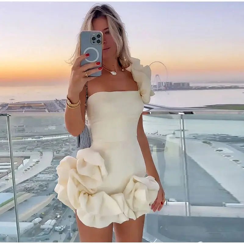 Women's Mini Dress - Strapless Fitted Design - Ruffle Shoulder & Hem - Party Prom Wear - Nalani - UK Fashion Clothing and Decor