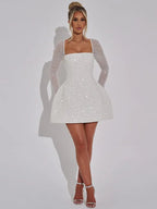 Women's Mini Prom Dress - Sequin Bodycon - Square Neck - Long Sleeve Party Wear - Nalani - UK Fashion Clothing and Decor