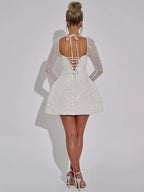 Women's Mini Prom Dress - Sequin Bodycon - Square Neck - Long Sleeve Party Wear - Nalani - UK Fashion Clothing and Decor