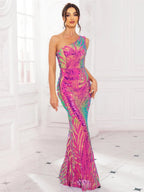 Women's One - Shoulder Sequin Evening Prom Gown – Fitted Mermaid Silhouette – Floor - Length - Nalani - UK Fashion Clothing and Decor