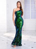 Women's One - Shoulder Sequin Evening Prom Gown – Fitted Mermaid Silhouette – Floor - Length - Nalani - UK Fashion Clothing and Decor