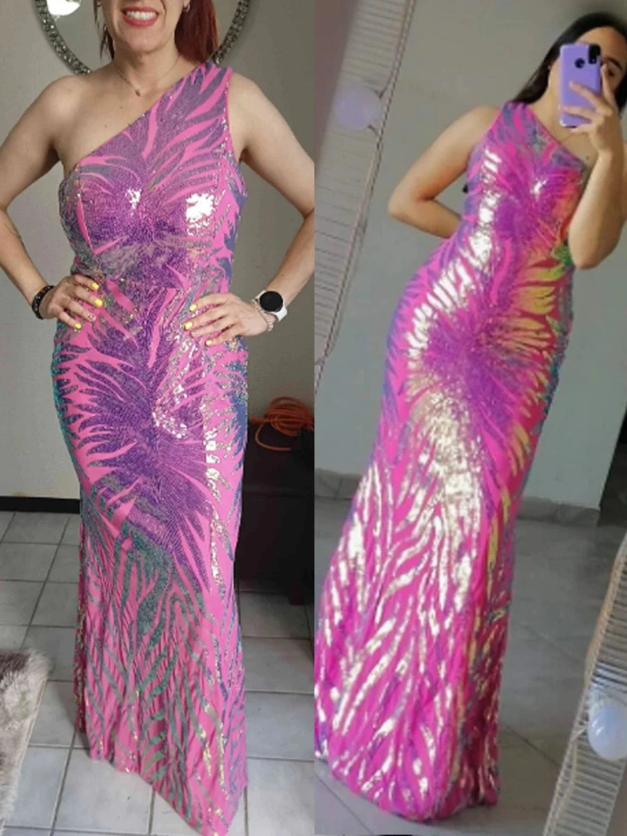 Women's One - Shoulder Sequin Evening Prom Gown – Fitted Mermaid Silhouette – Floor - Length - Nalani - UK Fashion Clothing and Decor