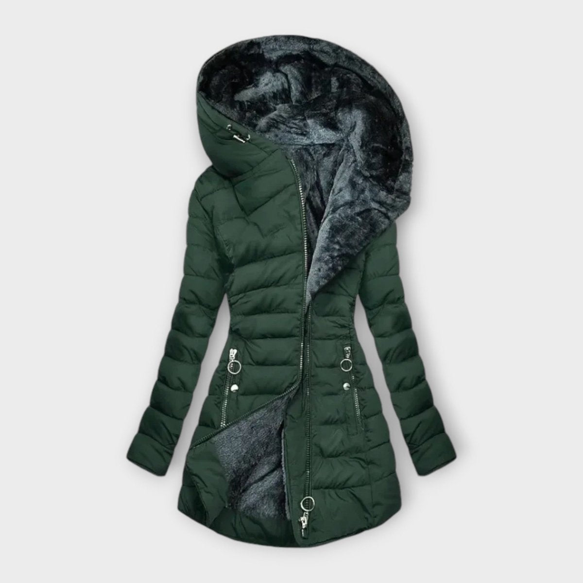 Women's Quilted Puffer Coat with Oversized Hood – Long Padded Winter Coat with Plush Lining, Zip Pockets, 3 Colours, S–2XL - Nalani - Fashion Clothing and Decor