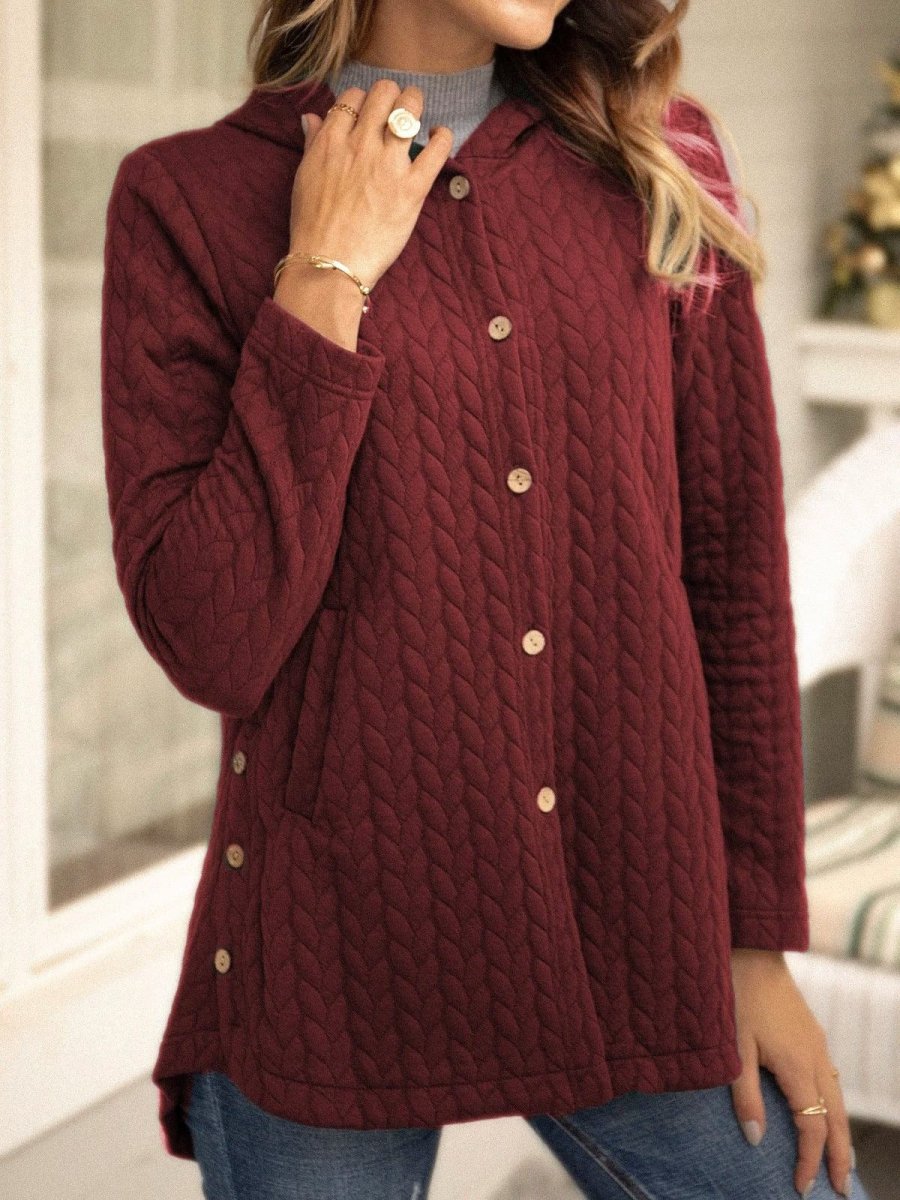Women’s Quilted Sweatshirt – Relaxed Fit – Hooded – Button Front – Mid Length Casual - Nalani - UK Fashion Clothing and Decor