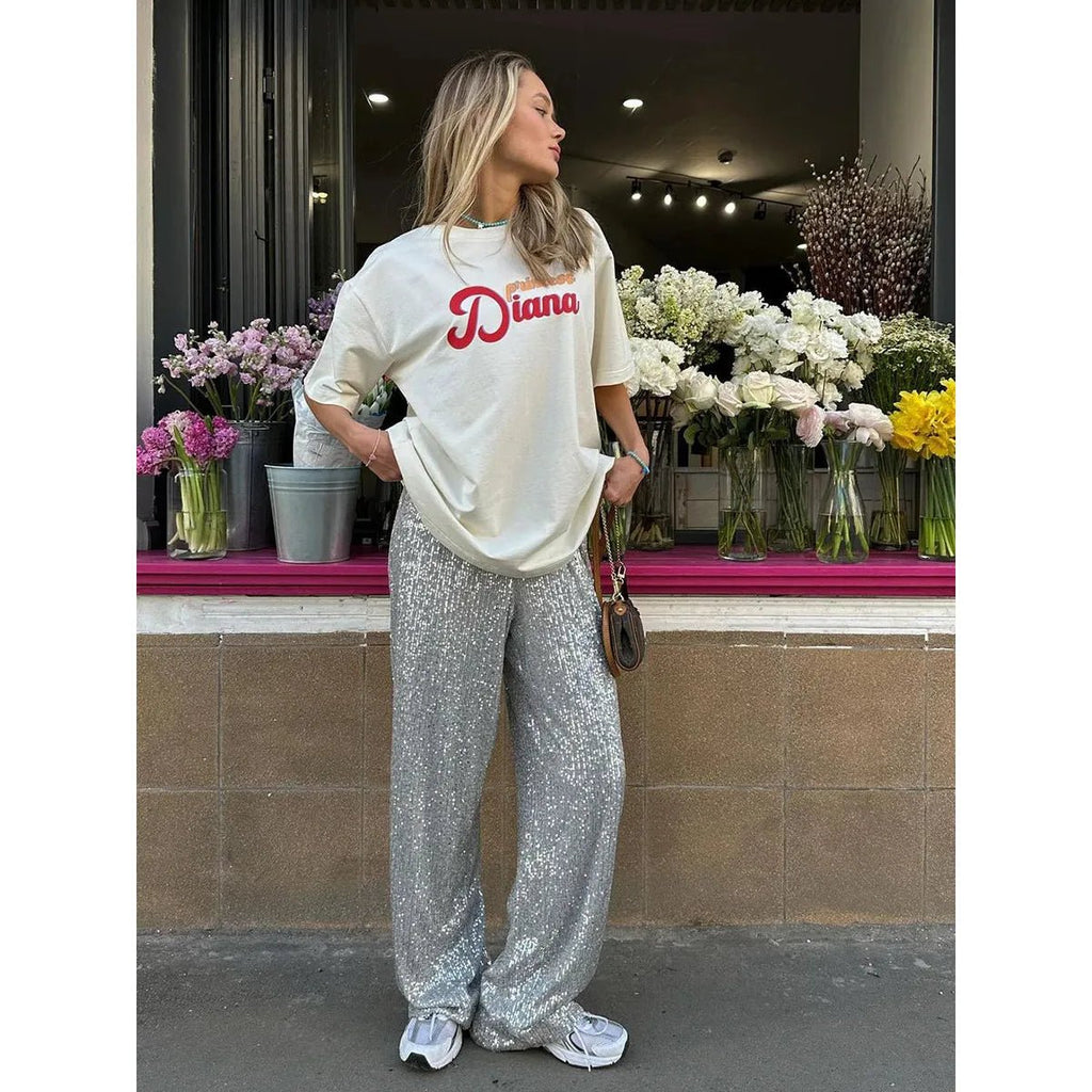 Women's Sequin Trousers | High Waist - Nalani - Fashion Clothing and Decor