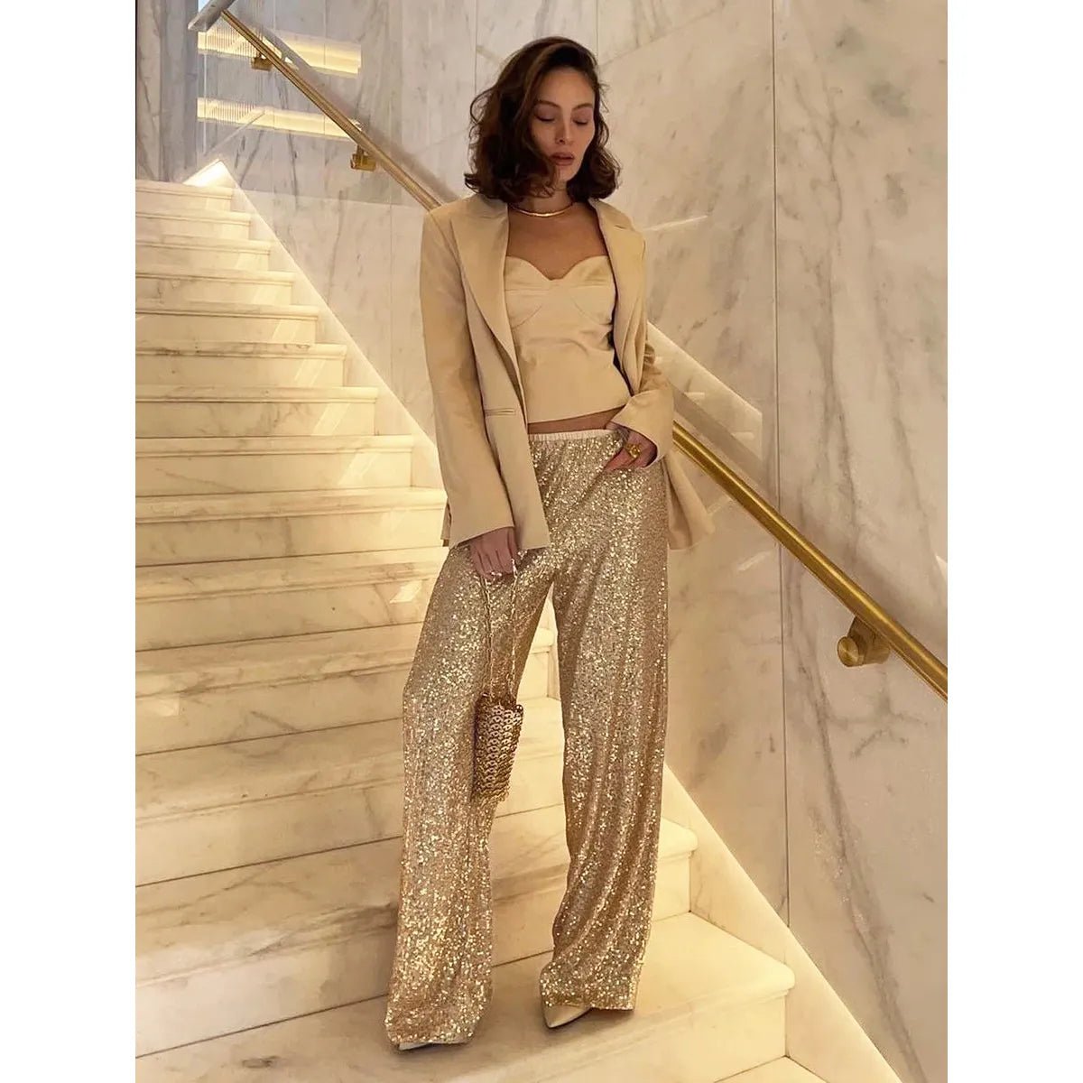 Women's Sequin Trousers | High Waist - Nalani - Fashion Clothing and Decor