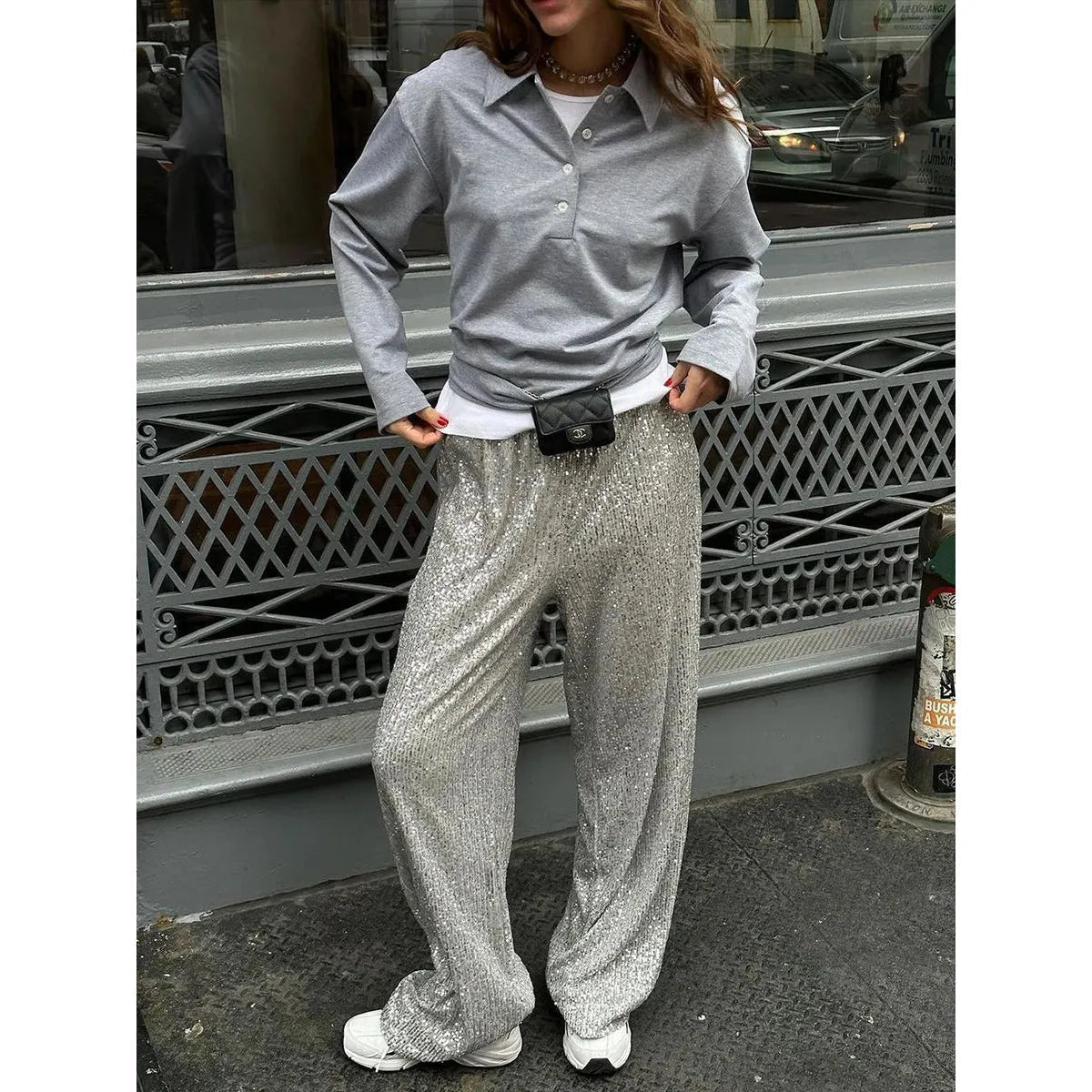 Women's Sequin Trousers | High Waist - Nalani - Fashion Clothing and Decor
