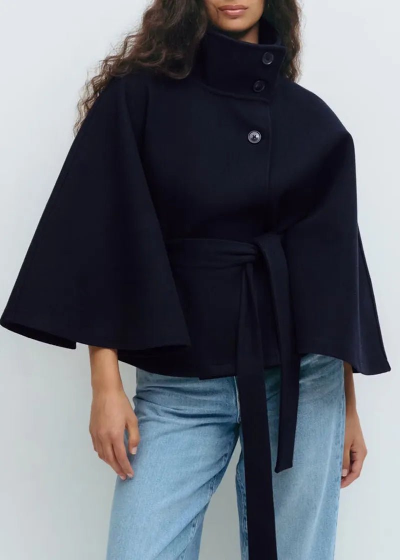 Women's Short Cape Coat Funnel Neck Belted Waist Cape Sleeves - Nalani - UK and AUS Fashion Clothing and Decor