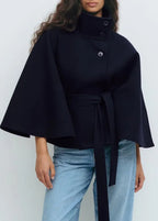 Women's Short Cape Coat Funnel Neck Belted Waist Cape Sleeves - Nalani - UK and AUS Fashion Clothing and Decor
