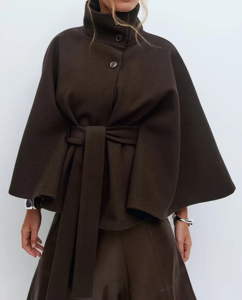 Women's Short Cape Coat Funnel Neck Belted Waist Cape Sleeves - Nalani - UK and AUS Fashion Clothing and Decor