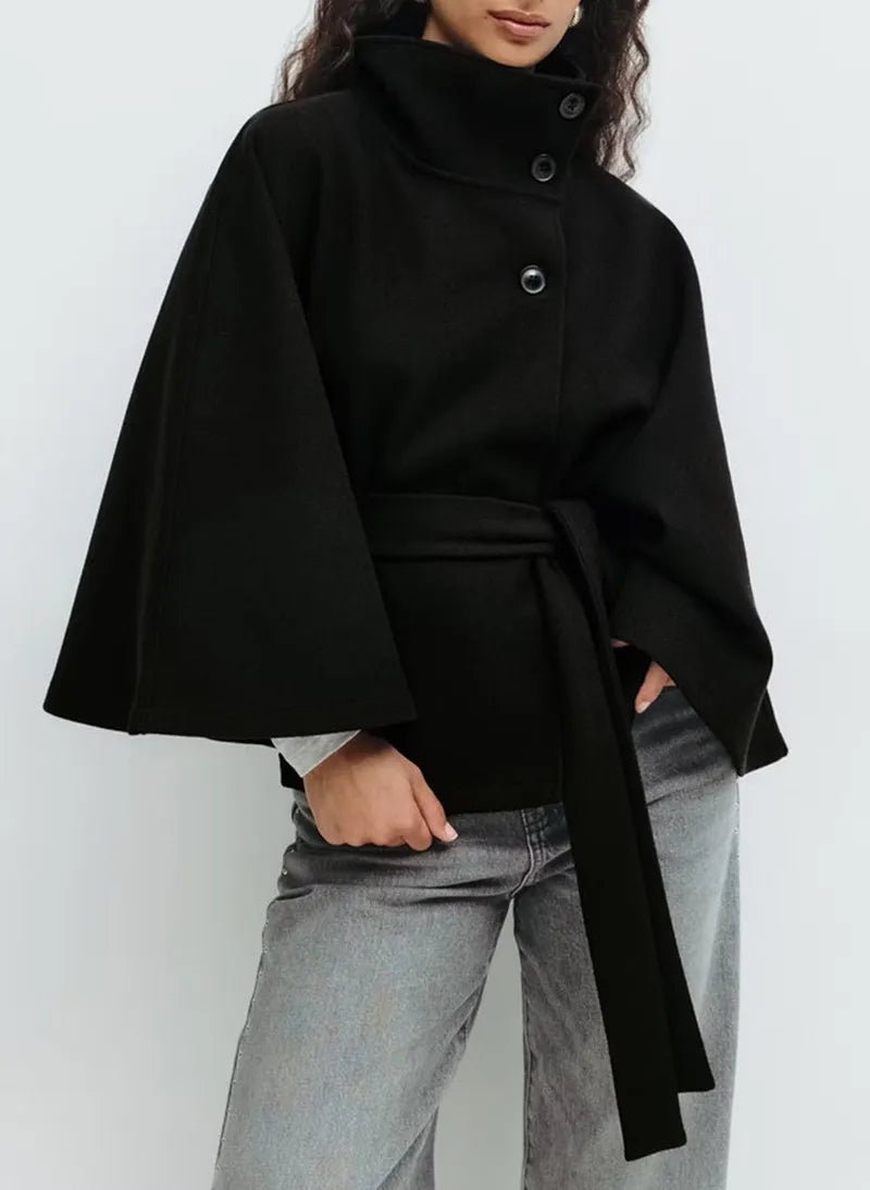 Women's Short Cape Coat Funnel Neck Belted Waist Cape Sleeves - Nalani - UK and AUS Fashion Clothing and Decor