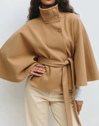 Women's Short Cape Coat Funnel Neck Belted Waist Cape Sleeves - Nalani - UK and AUS Fashion Clothing and Decor