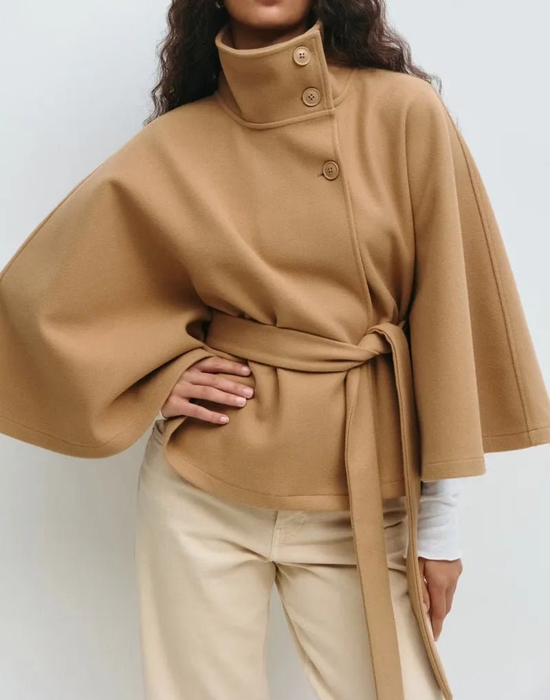 Women's Short Cape Coat Funnel Neck Belted Waist Cape Sleeves - Nalani - UK and AUS Fashion Clothing and Decor