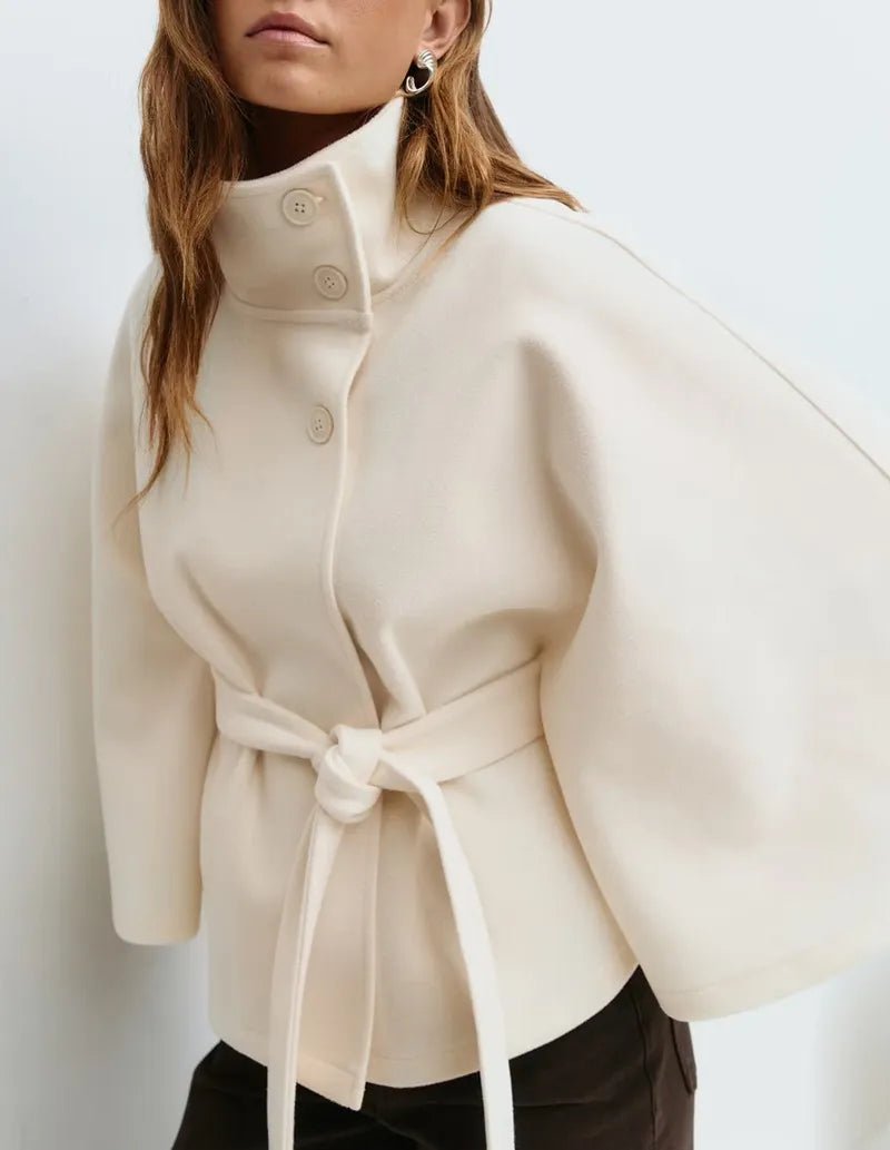 Women's Short Cape Coat Funnel Neck Belted Waist Cape Sleeves - Nalani - UK and AUS Fashion Clothing and Decor