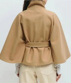 Women's Short Cape Coat Funnel Neck Belted Waist Cape Sleeves - Nalani - UK and AUS Fashion Clothing and Decor