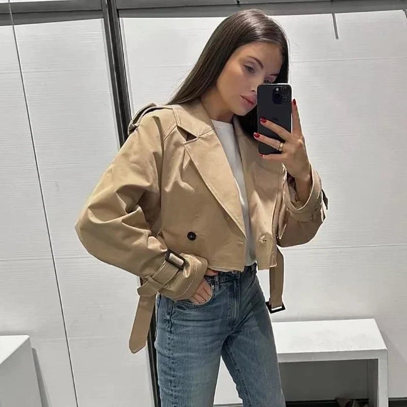 Women’s Short Cropped Trench Coat – Relaxed Fit – Double - Breasted – Belted Cuffs – Boxy Silhouette - Nalani - UK Fashion Clothing and Decor