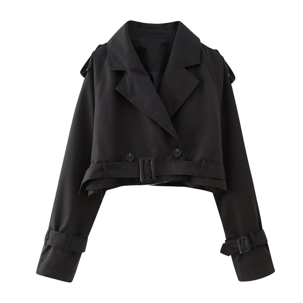 Women’s Short Cropped Trench Coat – Relaxed Fit – Double - Breasted – Belted Cuffs – Boxy Silhouette - Nalani - UK Fashion Clothing and Decor