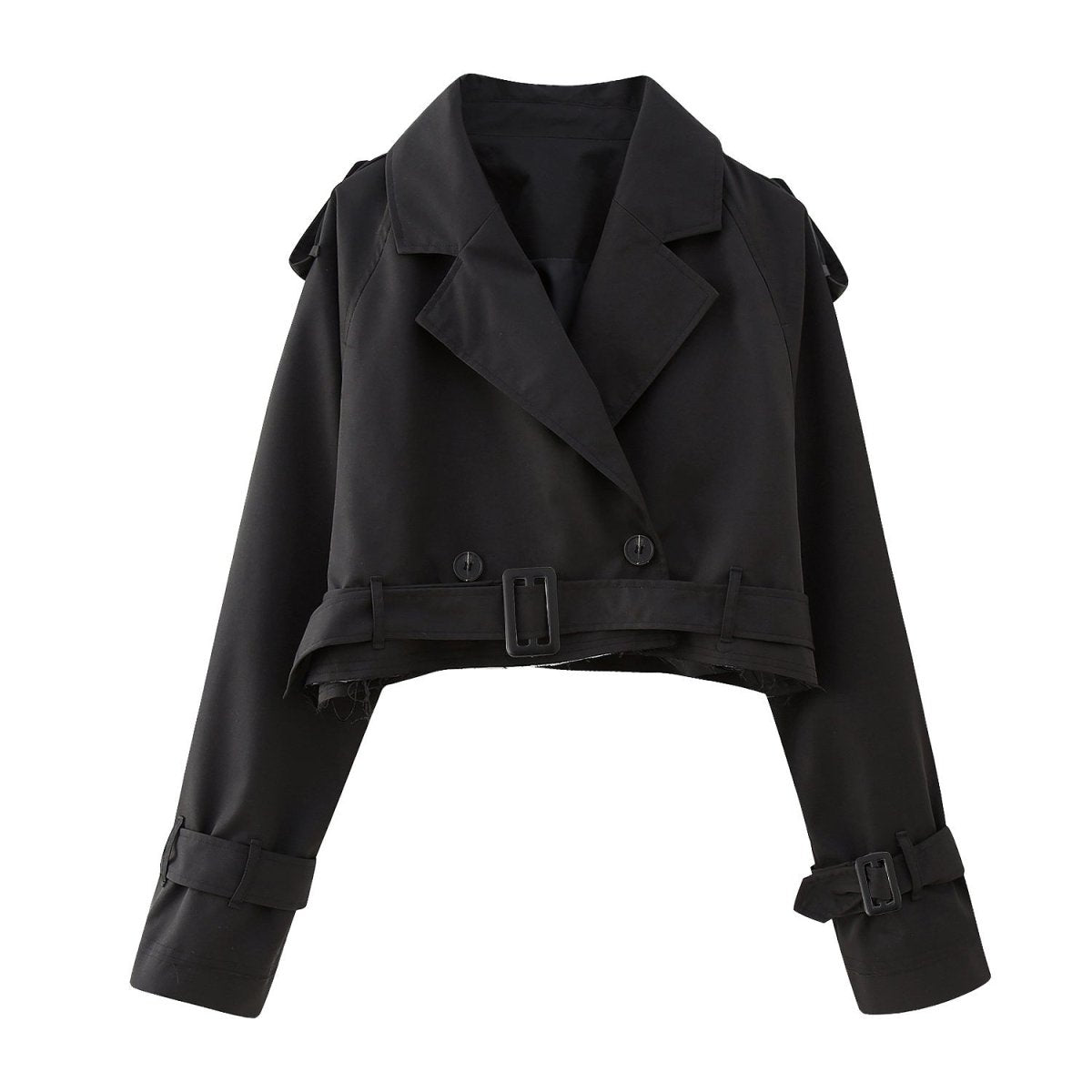 Women’s Short Cropped Trench Coat – Relaxed Fit – Double - Breasted – Belted Cuffs – Boxy Silhouette - Nalani - UK Fashion Clothing and Decor