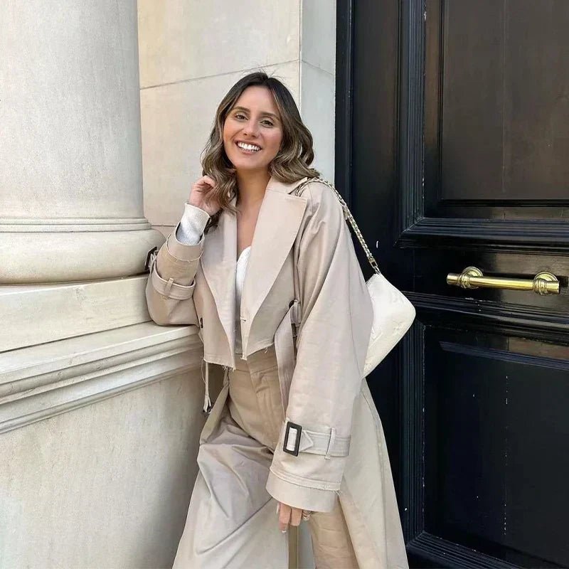 Women’s Short Cropped Trench Coat – Relaxed Fit – Double - Breasted – Belted Cuffs – Boxy Silhouette - Nalani - UK Fashion Clothing and Decor
