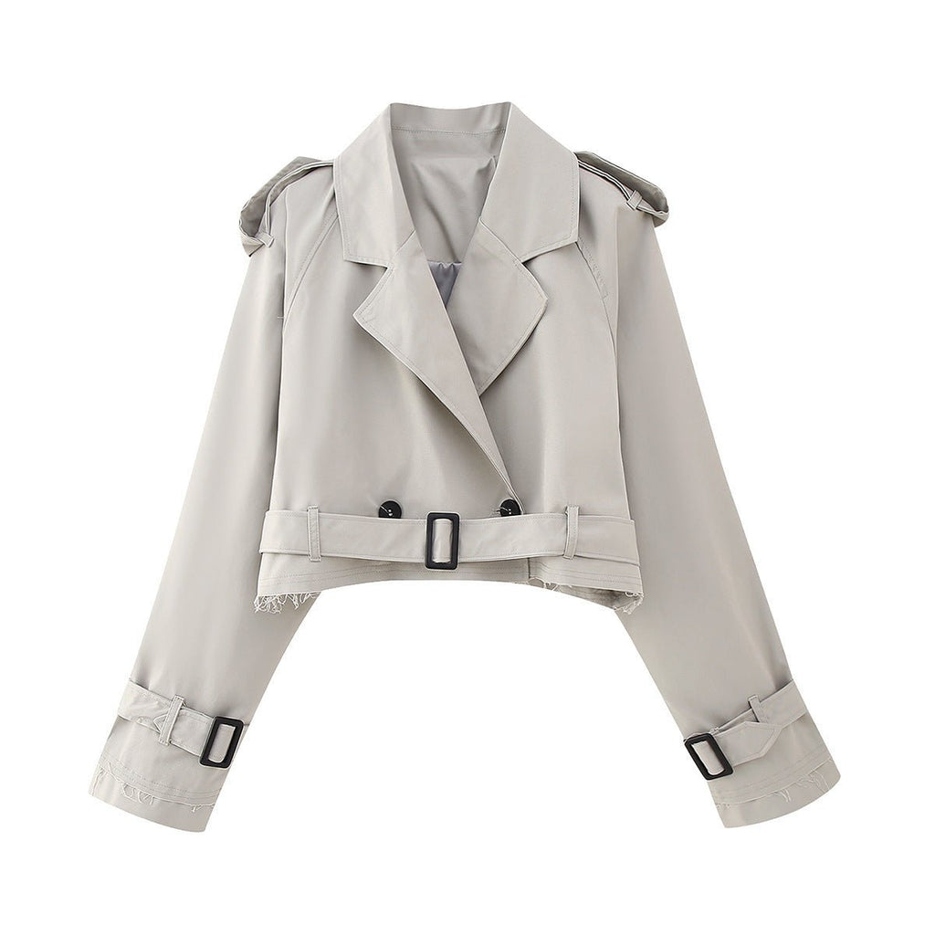 Women’s Short Cropped Trench Coat – Relaxed Fit – Double - Breasted – Belted Cuffs – Boxy Silhouette - Nalani - UK Fashion Clothing and Decor