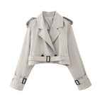 Women’s Short Cropped Trench Coat – Relaxed Fit – Double - Breasted – Belted Cuffs – Boxy Silhouette - Nalani - UK Fashion Clothing and Decor