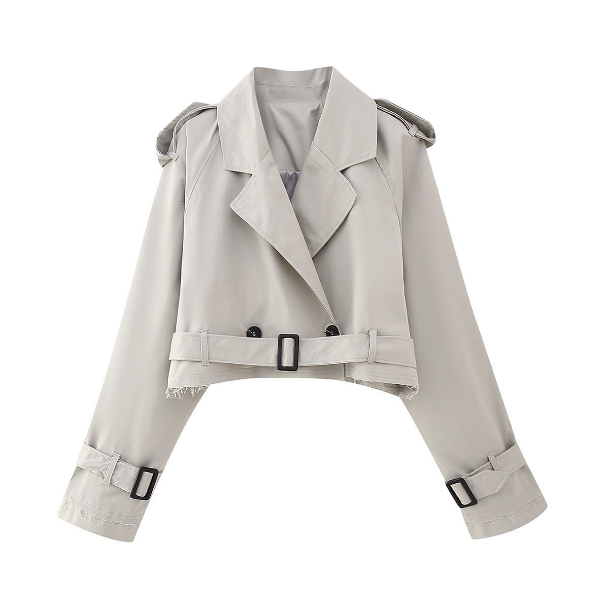 Women’s Short Cropped Trench Coat – Relaxed Fit – Double - Breasted – Belted Cuffs – Boxy Silhouette - Nalani - UK Fashion Clothing and Decor