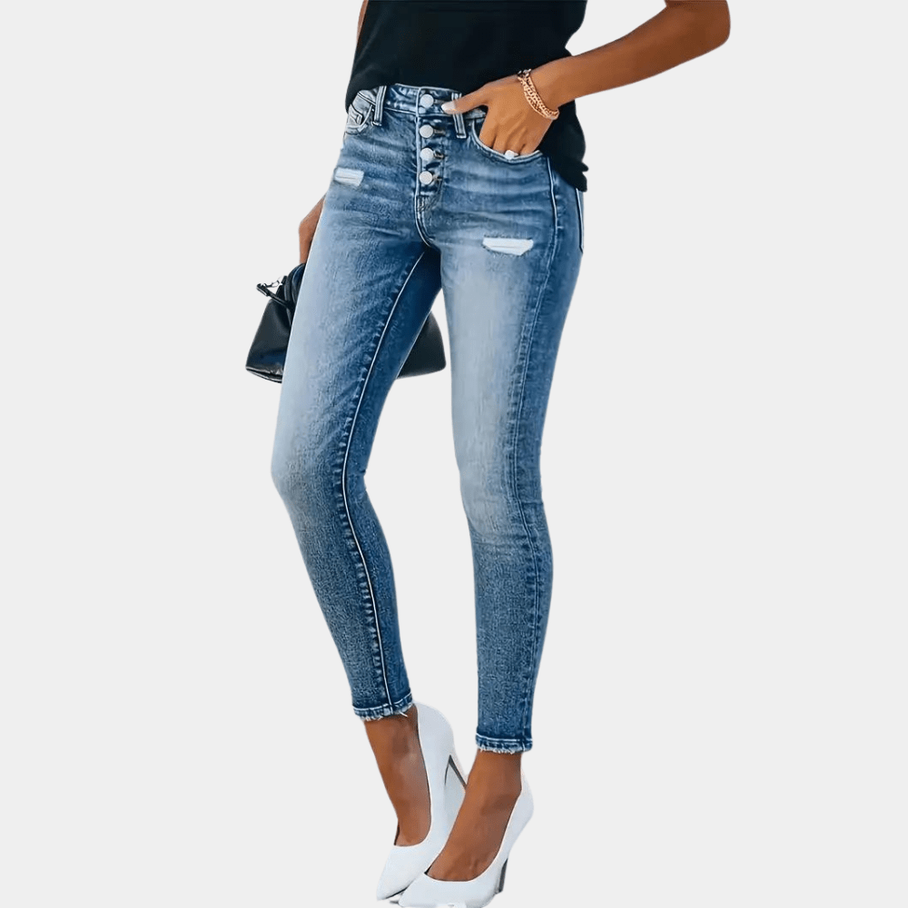 Women's Skinny Jeans - High - Waisted - Button - Fly - Ankle - Length - Stretch Denim - Nalani - UK Fashion Clothing and Decor