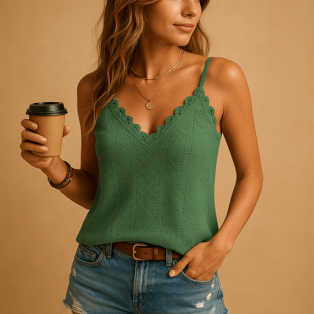 Womens Sleeveless V Neck Top With Lace Detail For Summer Layering - Nalani - UK and AUS Fashion Clothing and Decor