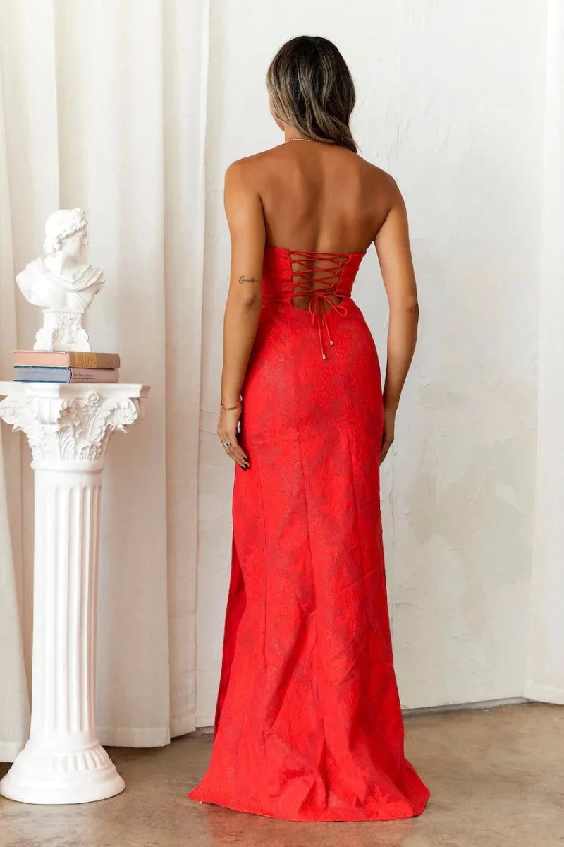 Women's Strapless Cocktail Maxi Prom Dress - Corset Bodice - Sweetheart Neckline - High Slit - Nalani - UK Fashion Clothing and Decor
