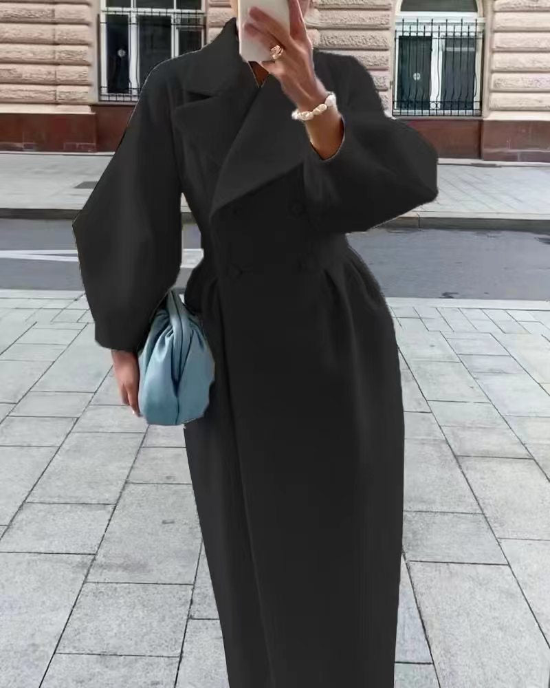 Women's stylish lantern sleeve long coat with collar - Nalani - UK Fashion Clothing and Decor