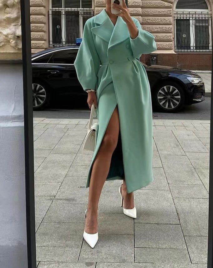 Women's stylish lantern sleeve long coat with collar - Nalani - UK Fashion Clothing and Decor