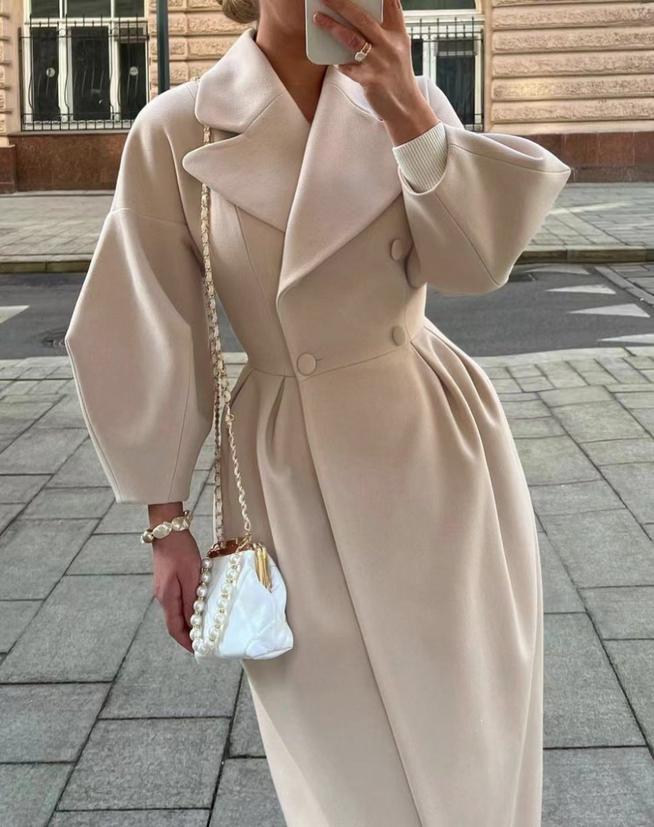 Women's stylish lantern sleeve long coat with collar - Nalani - UK Fashion Clothing and Decor