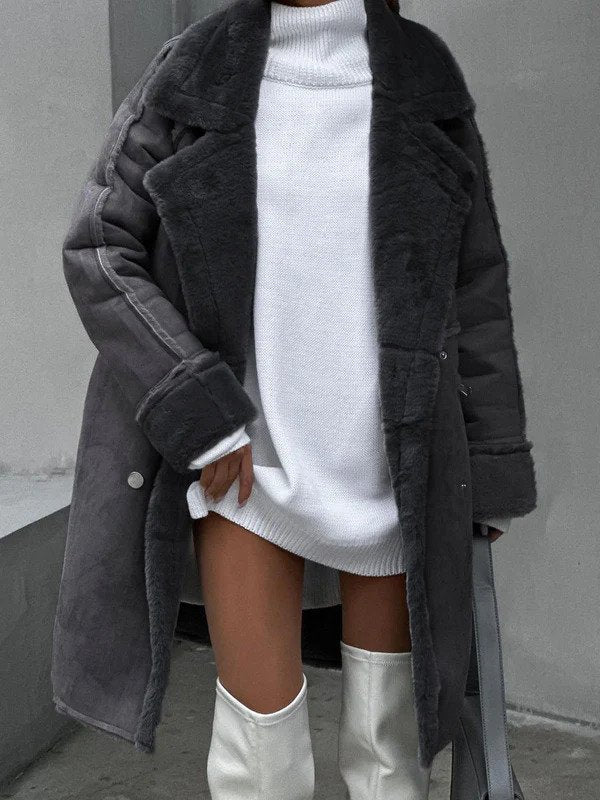 Women's suede jacket suit collar long cardigan - Nalani - UK Fashion Clothing and Decor