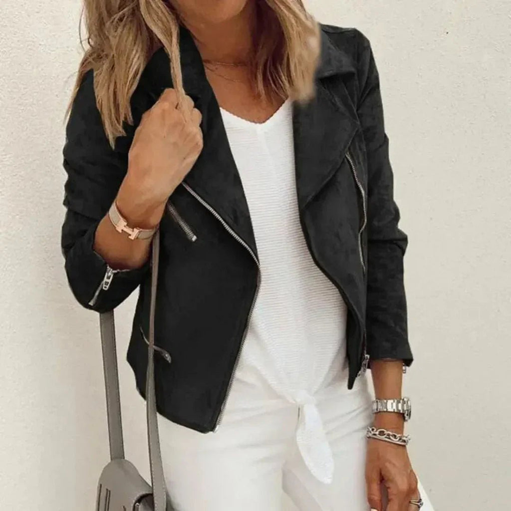 Women's Suede Moto Jacket - Asymmetrical Zip - Tailored Fit - Zippered Pockets - Nalani - UK Fashion Clothing and Decor