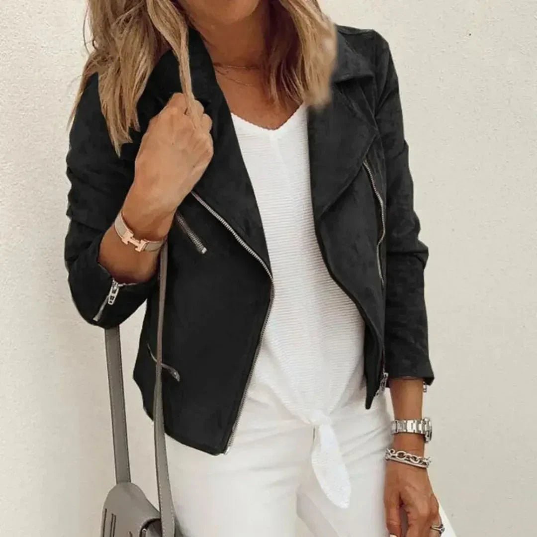 Women's Suede Moto Jacket - Asymmetrical Zip - Tailored Fit - Zippered Pockets - Nalani - UK Fashion Clothing and Decor