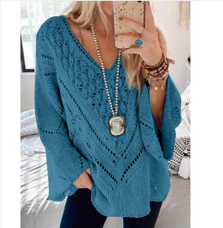 Women’s Sweater – Relaxed Fit – Crochet Knit – V - Neck – Trumpet Sleeve - Nalani - UK Fashion Clothing and Decor
