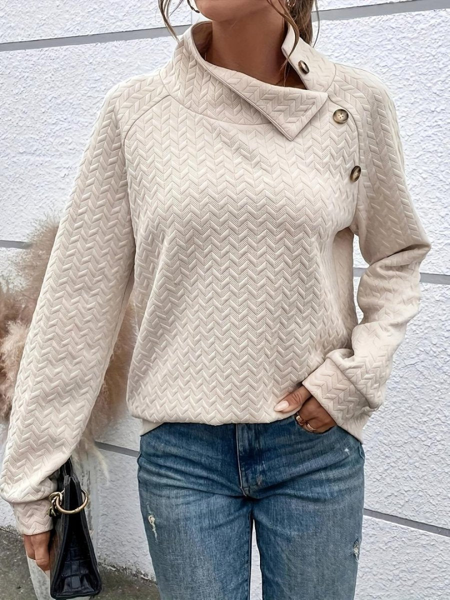 Women’s Sweatshirt – Relaxed Fit – Chevron Knit Texture – High Neck – Button Detail - Nalani - UK Fashion Clothing and Decor