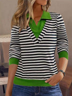 Women’s Sweatshirt – Relaxed Fit – Cotton Feel – Striped – Faux Collar Layered Look - Nalani - UK Fashion Clothing and Decor