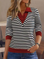 Women’s Sweatshirt – Relaxed Fit – Cotton Feel – Striped – Faux Collar Layered Look - Nalani - UK Fashion Clothing and Decor