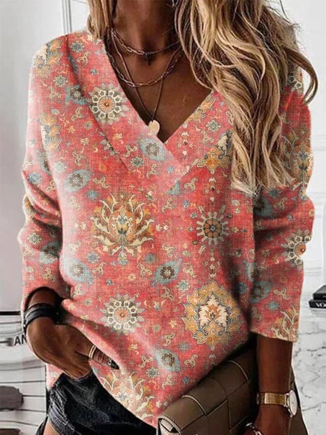 Women’s Sweatshirt – V - Neck – Relaxed Fit – Ornamental Print – Cotton Casual Style - Nalani - UK Fashion Clothing and Decor