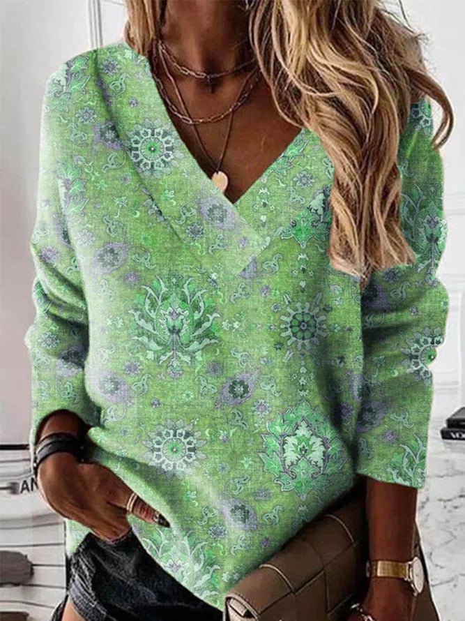 Women’s Sweatshirt – V - Neck – Relaxed Fit – Ornamental Print – Cotton Casual Style - Nalani - UK Fashion Clothing and Decor