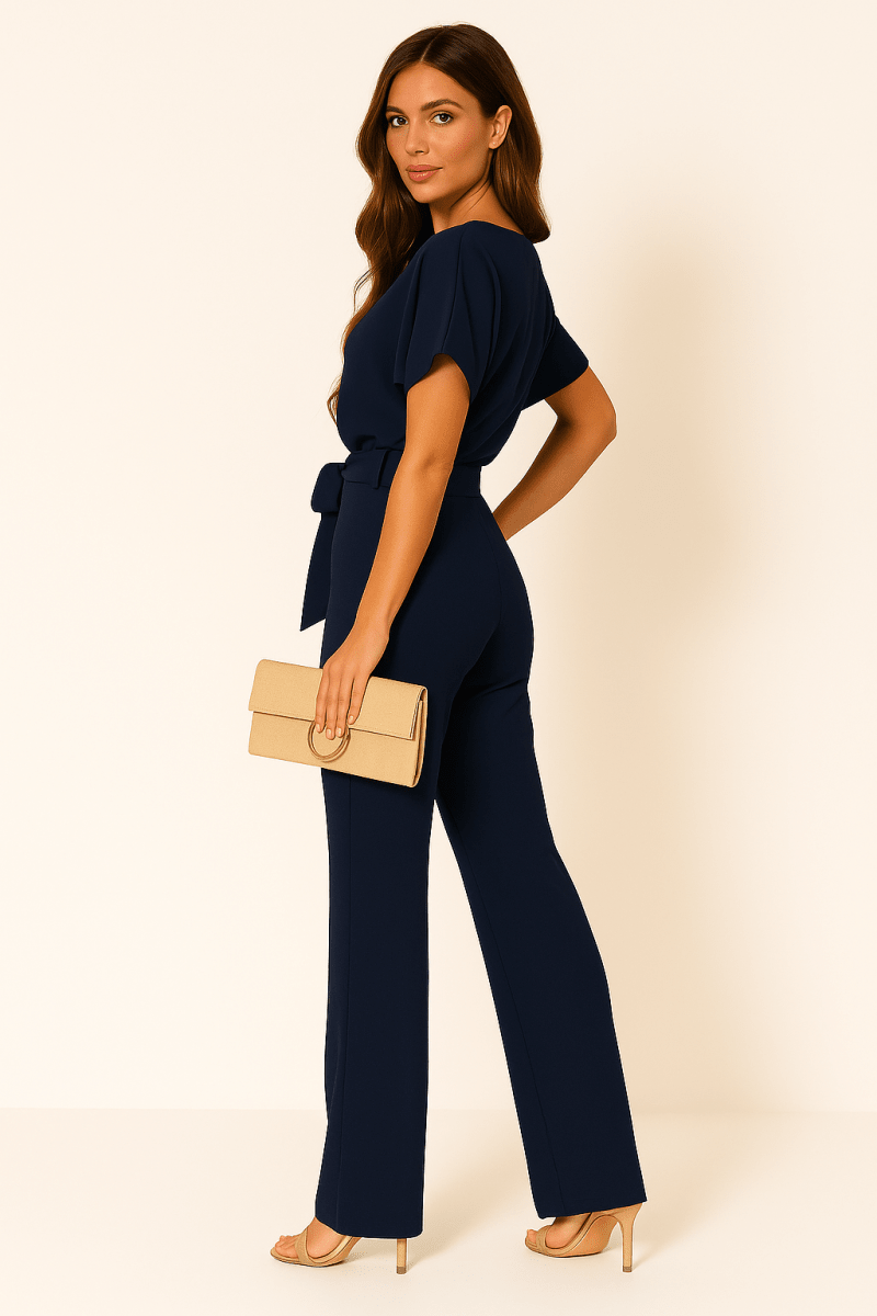 Womens Tie Waist Jumpsuit Short Sleeves For Day To Night Look - Nalani - UK and AUS Fashion Clothing and Decor