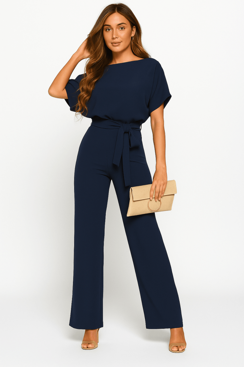 Womens Tie Waist Jumpsuit Short Sleeves For Day To Night Look - Nalani - UK and AUS Fashion Clothing and Decor