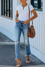 Women's tight skinny jeans with ripped details and an unfinished hemline - Nalani - UK Fashion Clothing and Decor