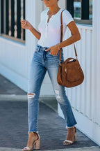 Women's tight skinny jeans with ripped details and an unfinished hemline - Nalani - UK Fashion Clothing and Decor