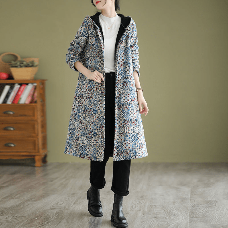 Women’s Trench Coat – Loose Fit – A - Line Silhouette – Hooded – Geometric Pattern - Nalani - UK Fashion Clothing and Decor